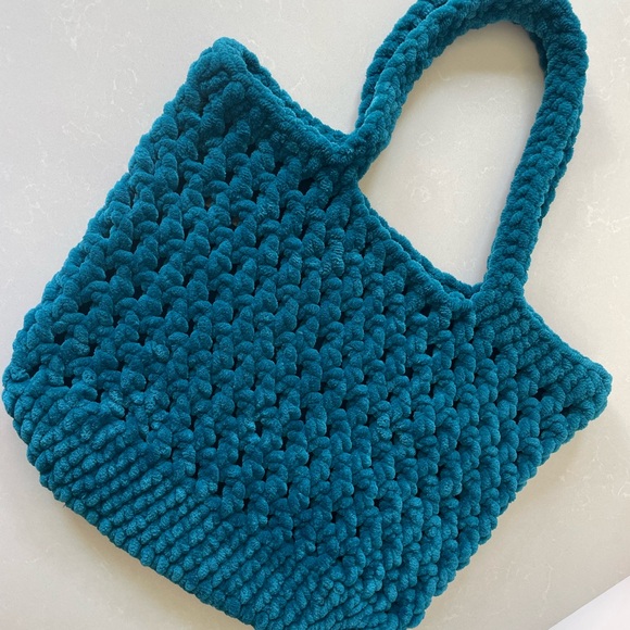Teal Handmade Crochet Large Plush Tote Bag - Picture 2 of 10